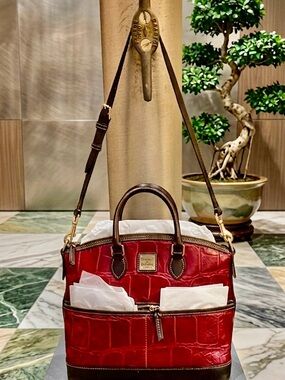 Dooney & Bourke Dillen Croco Satchel – Cranberry Red | Double Front Pockets